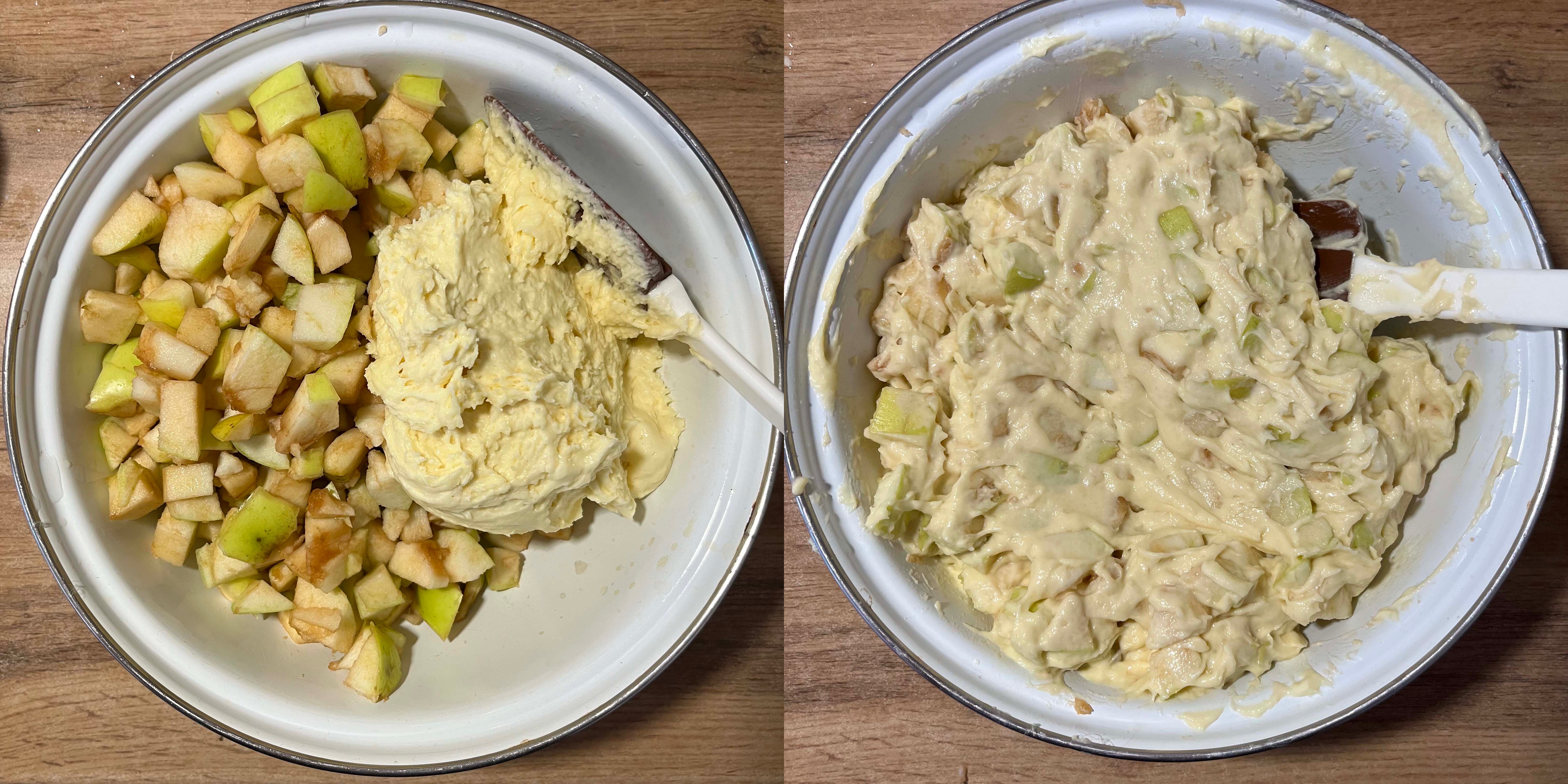 Перемешивание яблок с тестом Перемешивание яблок с тестом