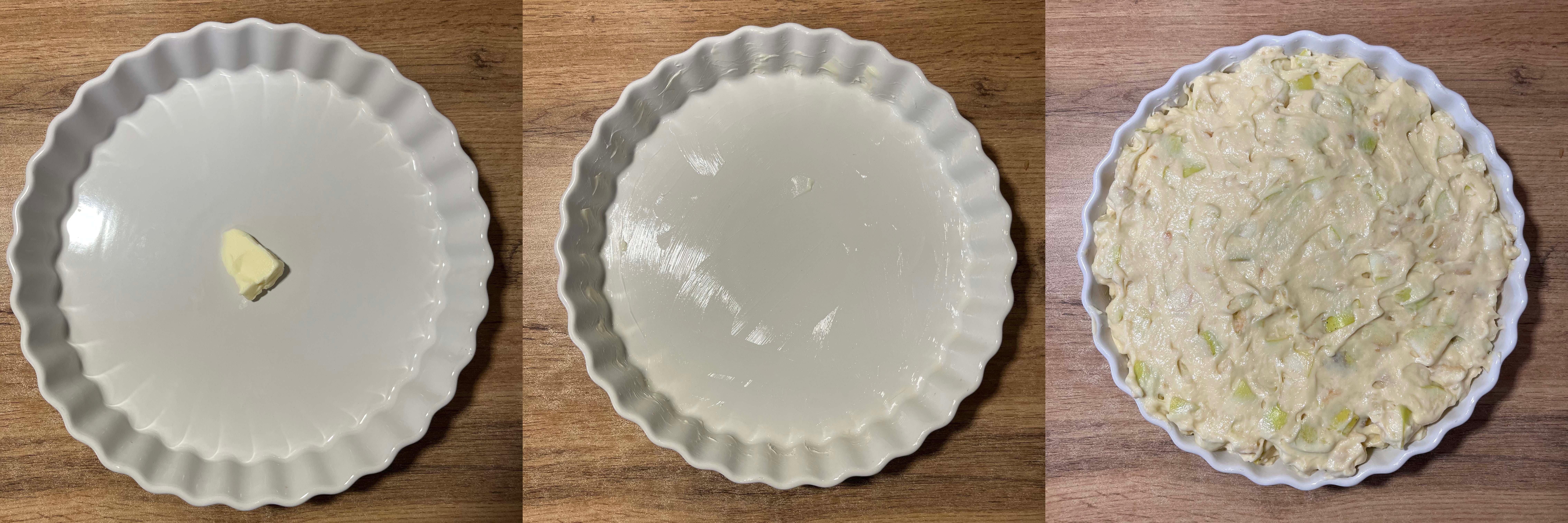 Смазывание формы сливочным маслом и наполнение ее тестом с яблоками Смазывание формы сливочным маслом и наполнение ее тестом с яблоками