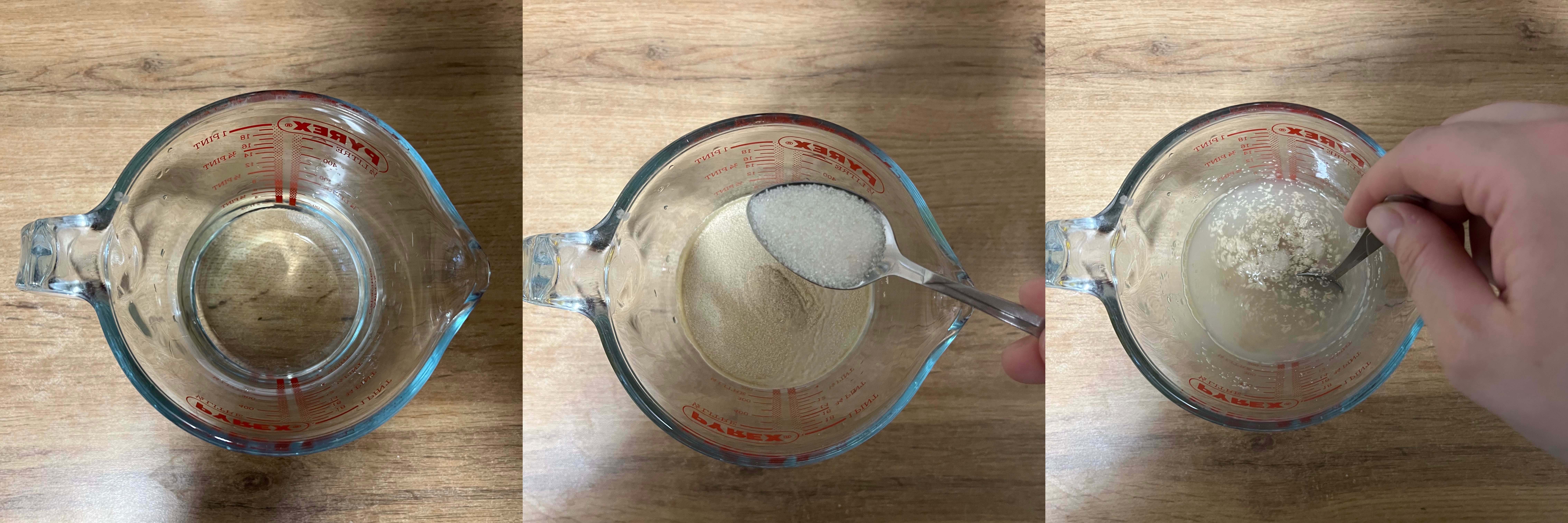 Смешивание дрожжей, сахара и воды